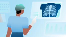 Moderne Illustration aus dem Erklärvideo für Tritec Electronic, produziert von M'splain. Animierter medizinischer Charakter zeigt auf Benutzeroberfläche. 