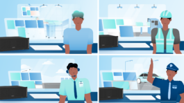 Moderne Illustration aus dem Erklärvideo für Tritec Electronic, produziert von M'splain. Kreative Darstellung von vier Charakteren in verschiedenen Berufsfeldern mit integriertem 3D-Modell. 